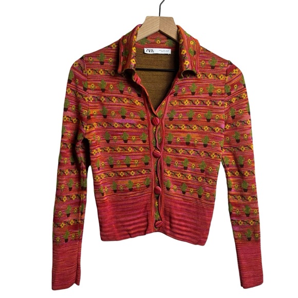 Zara pink 60s mod cactus cardigan jacquard knit button up sweater funky design - Picture 4 of 10